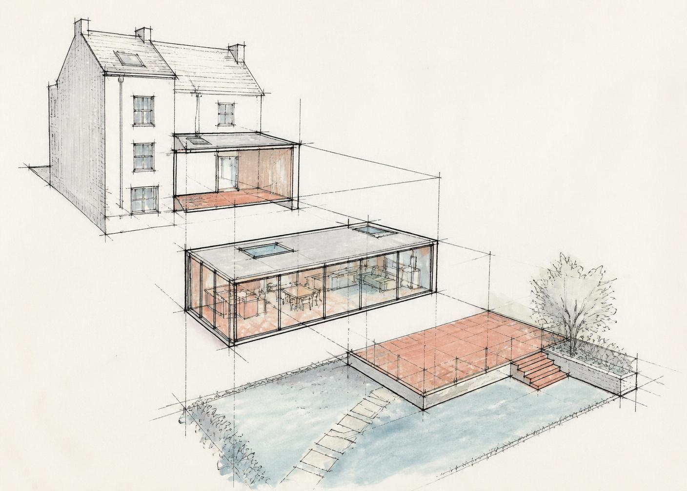 Croquis axonométrique d’une extension avec terrasse