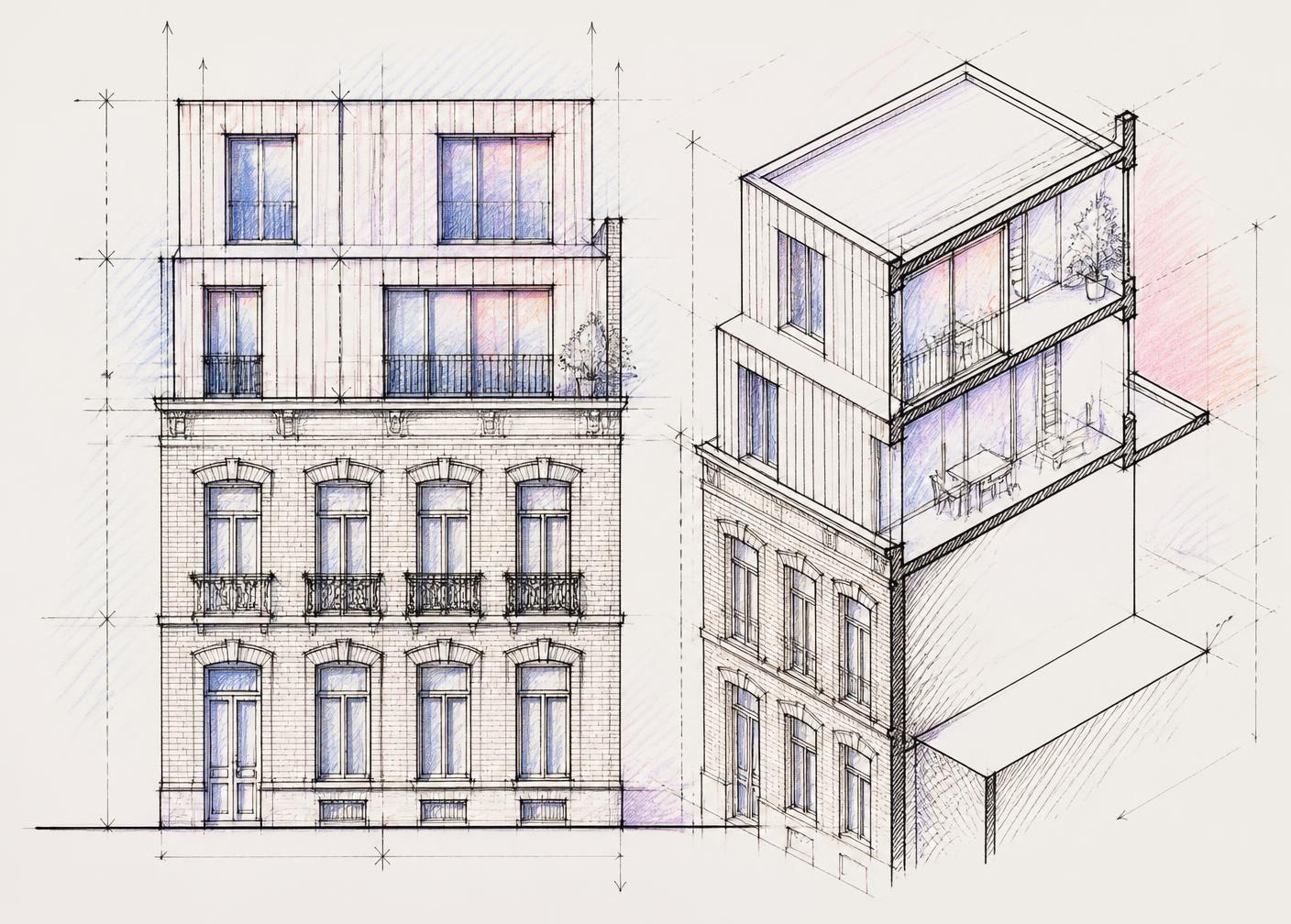 Croquis d’étude d’une surélévation d’immeuble à Bruxelles
